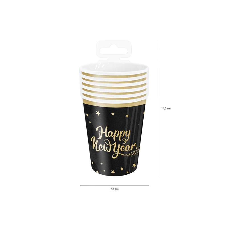 Papírpohár Happy New Year felirattal fekete-arany 220 ml 6 db