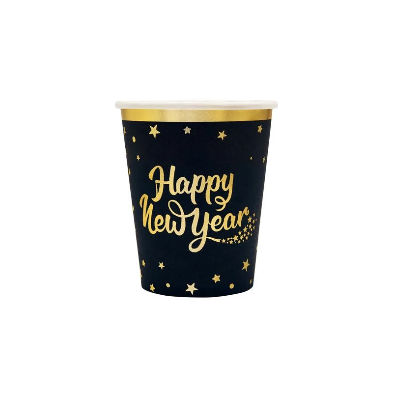 Papírpohár Happy New Year felirattal fekete-arany 220 ml 6 db