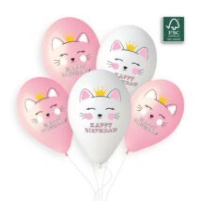 33 cm-es Happy Birthday cica hercegnő rózsaszín-fehér gumi lufi 10db/cs