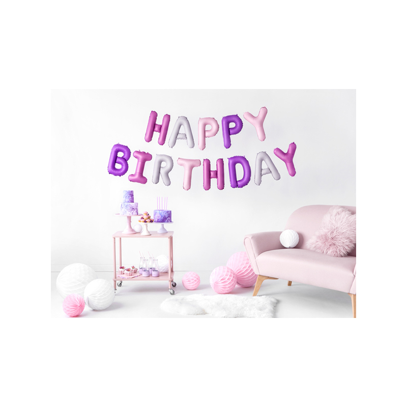 Fólia lufi Happy Birthday betűk rózsaszín-lila szivárványos 340x35