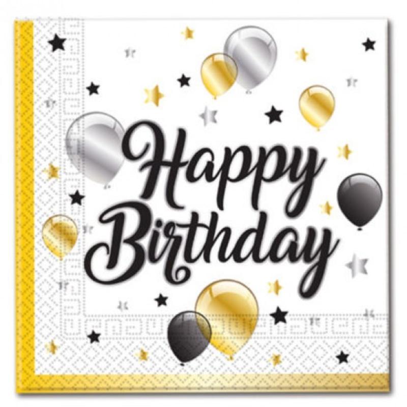 Szalvéta Happy birthday 33x33 cm fehér, arany-ezüst lufis 20db/cs