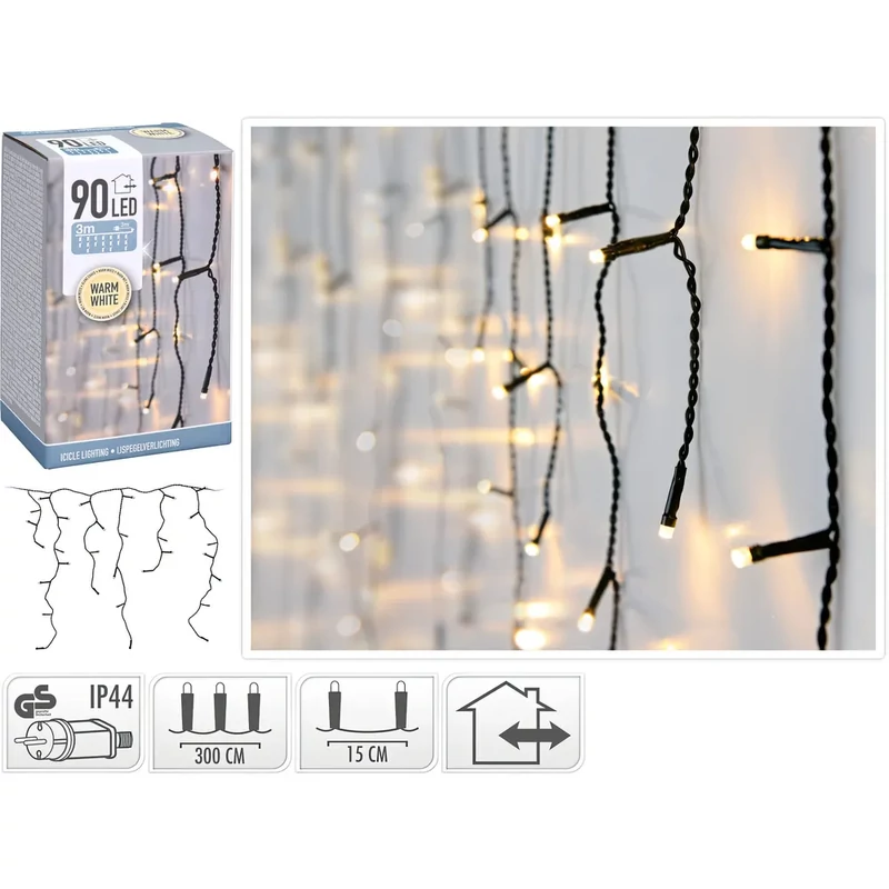LED jégcsap fényfüzér 90 db 3+3 m beltéri/kültéri meleg fehér