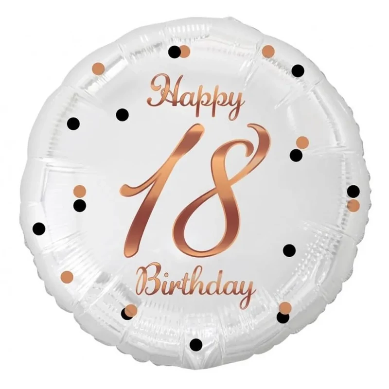 Fólia lufi Happy 18. Birthday évszámos fehér rosegold elegáns 45 cm O18B