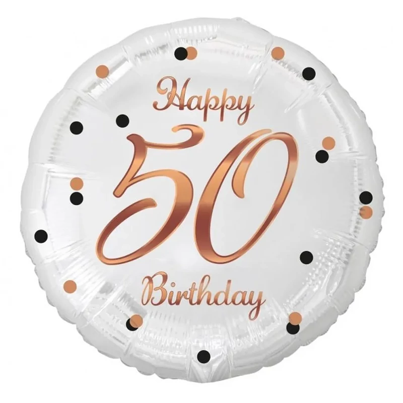 Fólia lufi Happy 50. Birthday évszámos fehér rosegold elegáns 45 cm O50B