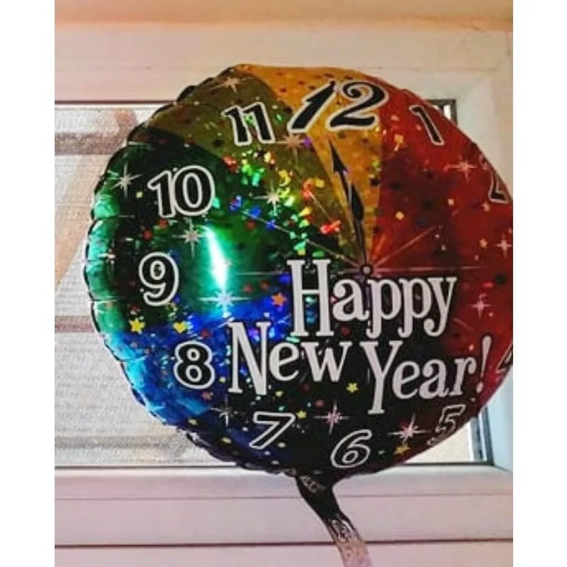 45 cm-es Happy New Year feliratú órás hologrammos fólia lufi 6635