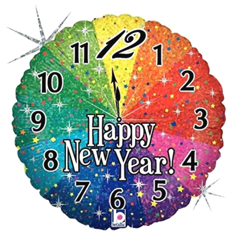 45 cm-es Happy New Year feliratú órás hologrammos fólia lufi 6635