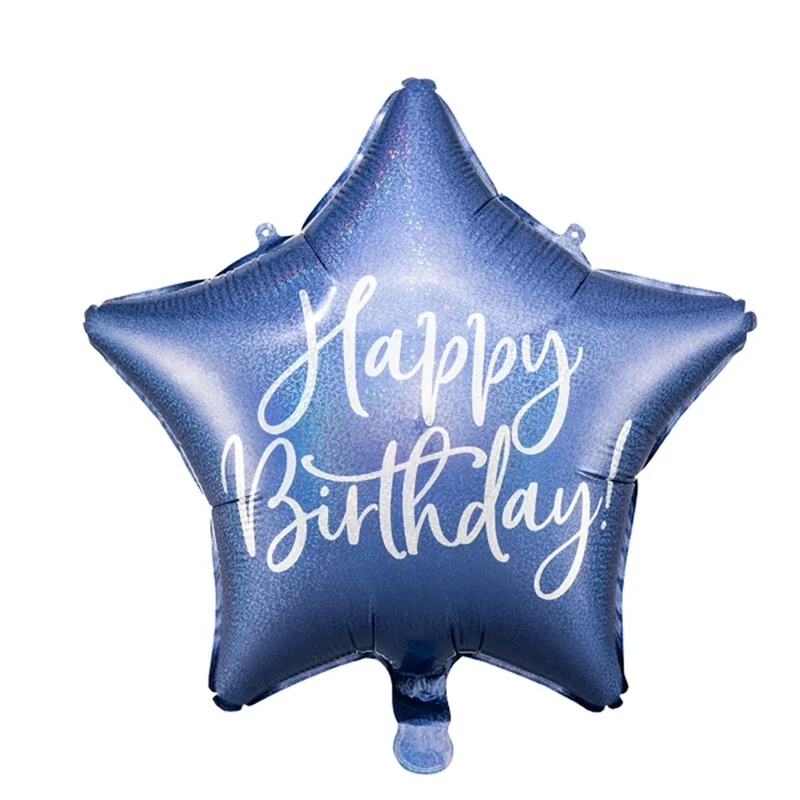 Csillag alakú kék gyöngyház színű Happy Birthday felirattal fólia lufi 40cm 170919