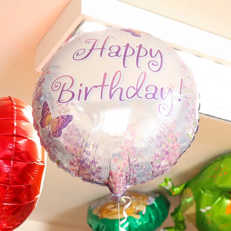 45 cm fólia lufi Happy Birthday lila orgona mintás 190244