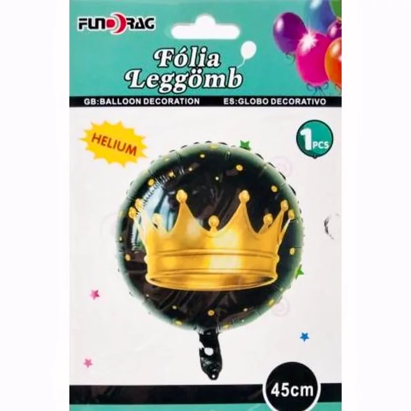 Korona fekete-arany színben fólia lufi 45cm