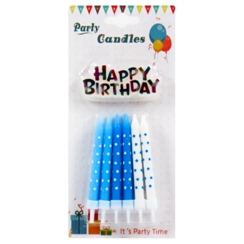 Tortagyertya tartóval csillagos kék és fehér 12 db 8 cm + Happy Birthday felirat 609748