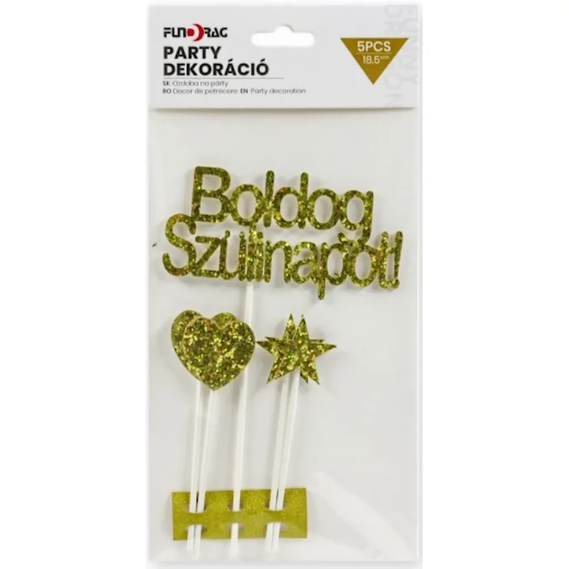 Torta dekoráció Boldog születésnapot felirattal arany színnel 18,5 cm 5 db-os 632838