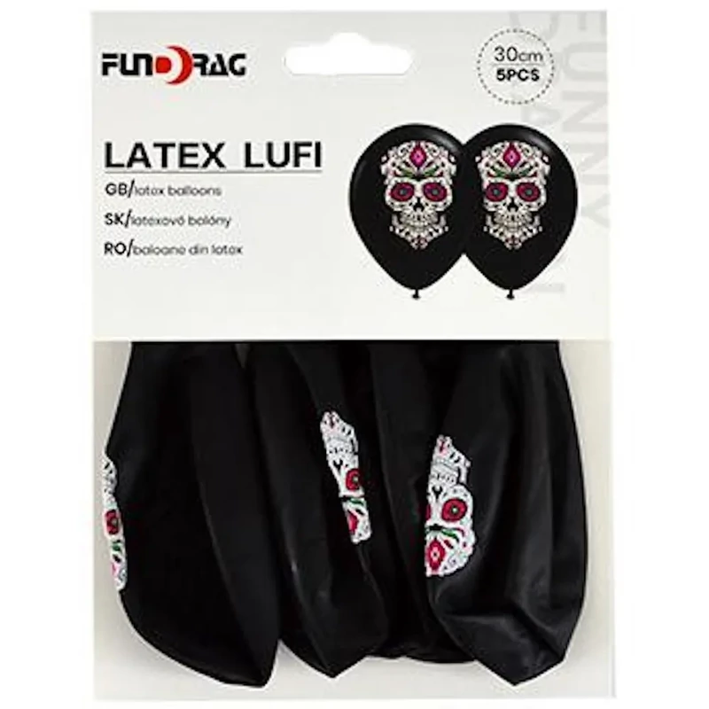 Gumi lufi halloween mexikói halottak napi koponya mintákkal fekete alapon 30 cm 5 db/cs