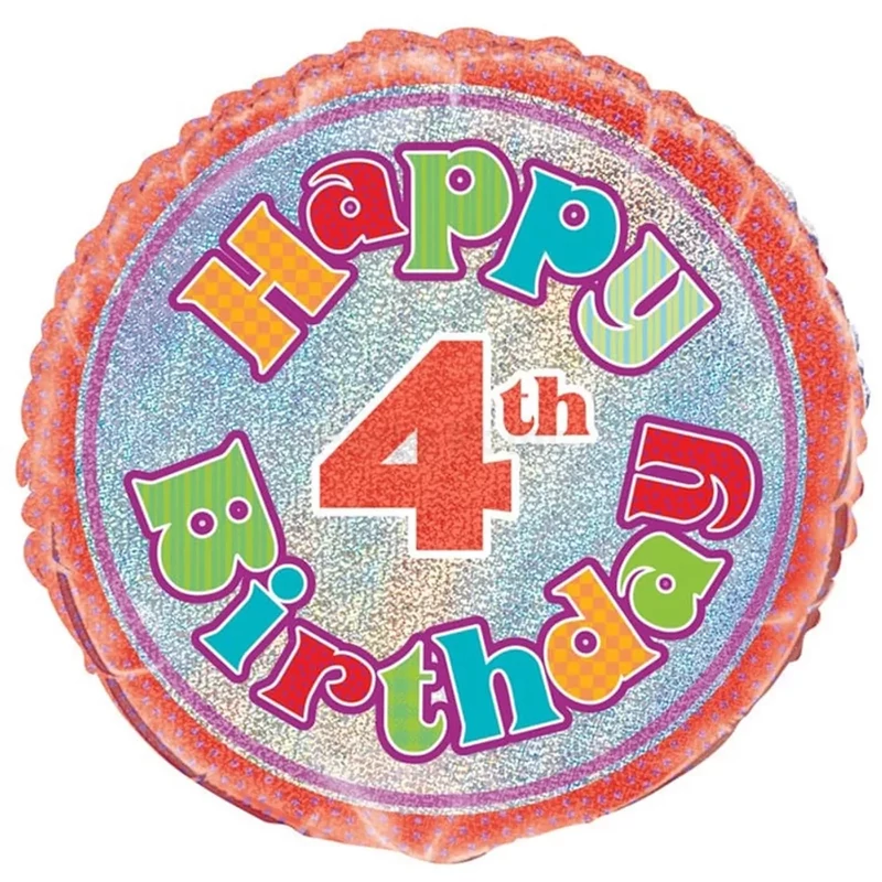 Fólia lufi Happy 4th Birthday évszámos prizmás hologramos 45 cm 055491