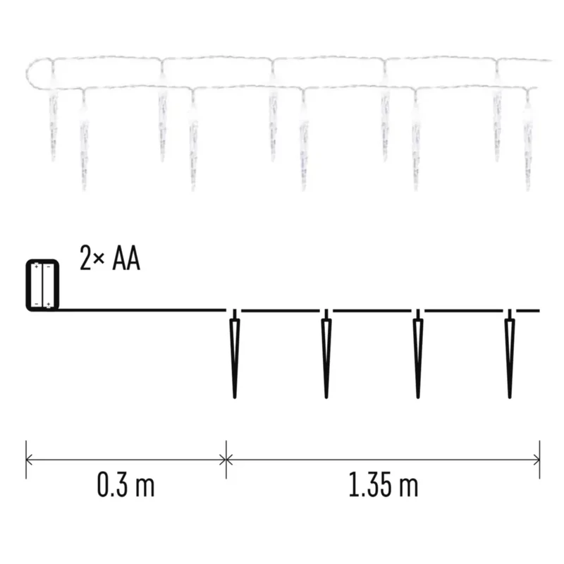 Jégcsapok 10 cm-es világító fűzér 1,35 m hosszú 10 LED hideg fehér 11326