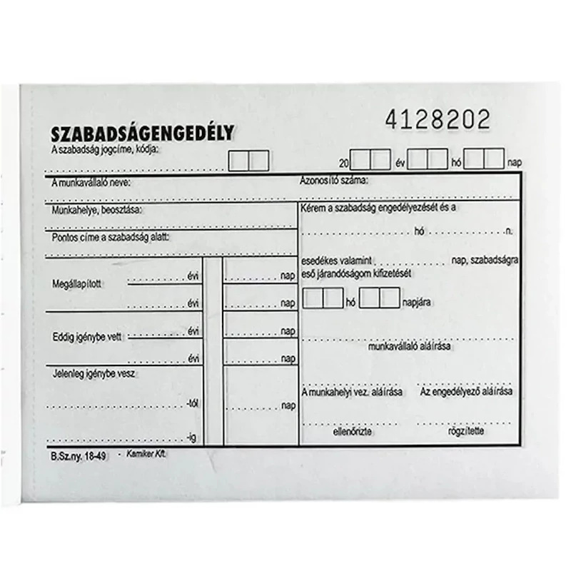 Nyomtatvány szabadságengedély 50x2 vegykezelt