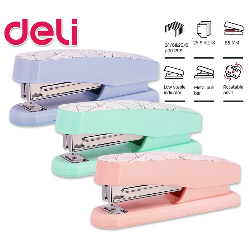 Tűzőgép 24/6 26/6 25 lapos DELI Macaron 3 pasztell színben