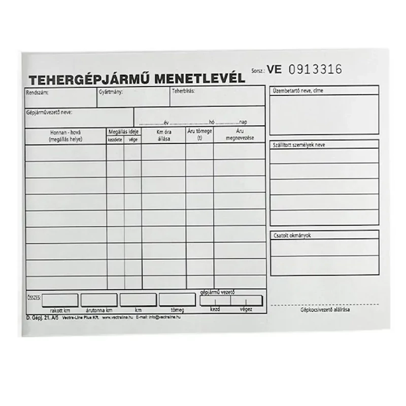 Tehergépjármű menetlevél nyomtatvány A/5 100 lapos