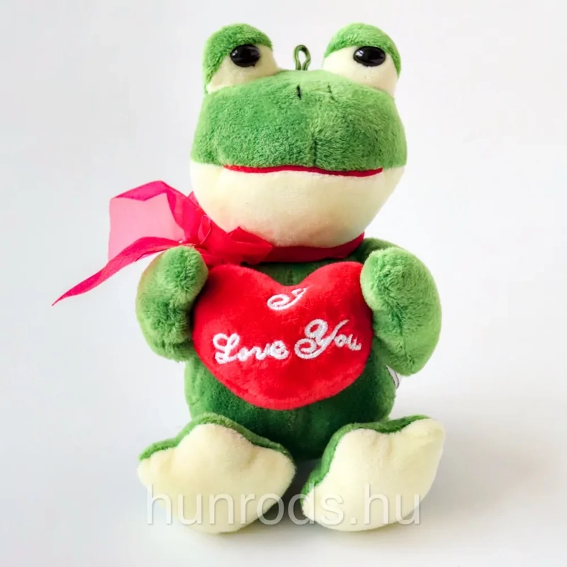 Plüss béka zöld színű I love you feliratú szívvel lógó fülekkel nyakmasnival 10x16 cm