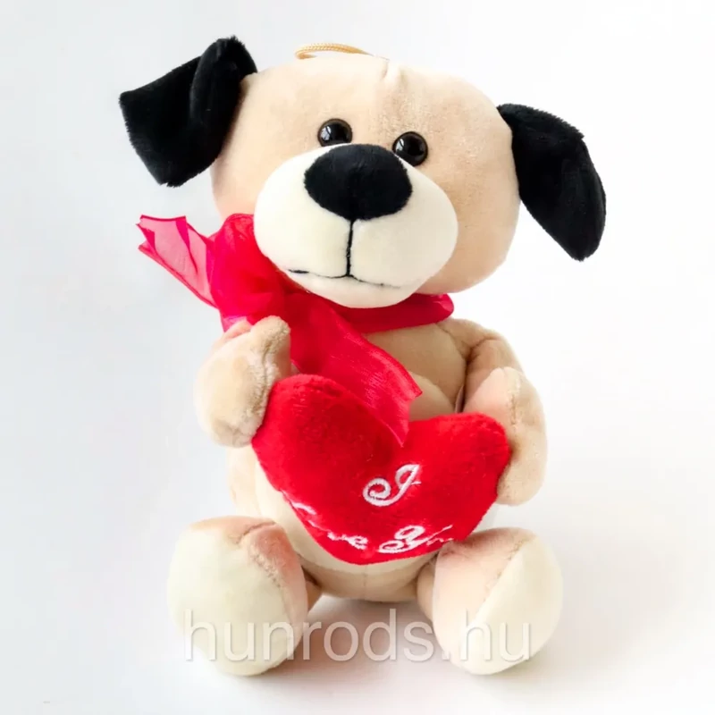 Plüss kutya bézs bundával I love you feliratú szívvel lógó fülekkel nyakmasnival 10x16 cm
