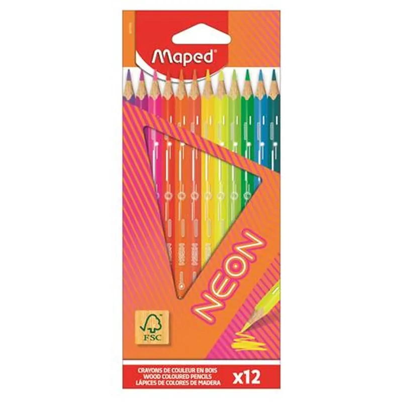 Színes ceruza készlet, háromszögletű, Maped "Neon", 12 különböző szín