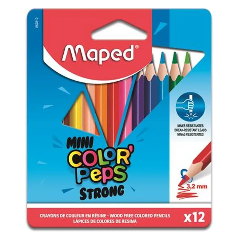 Színes ceruza készlet, háromszögletű, MAPED "Mini Color`Peps Strong", 12 különböző szín