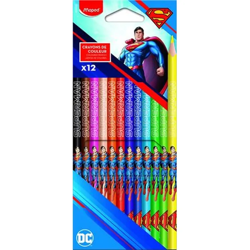 Színes ceruza készlet, háromszögletű, Maped "Superman", 12 különböző szín