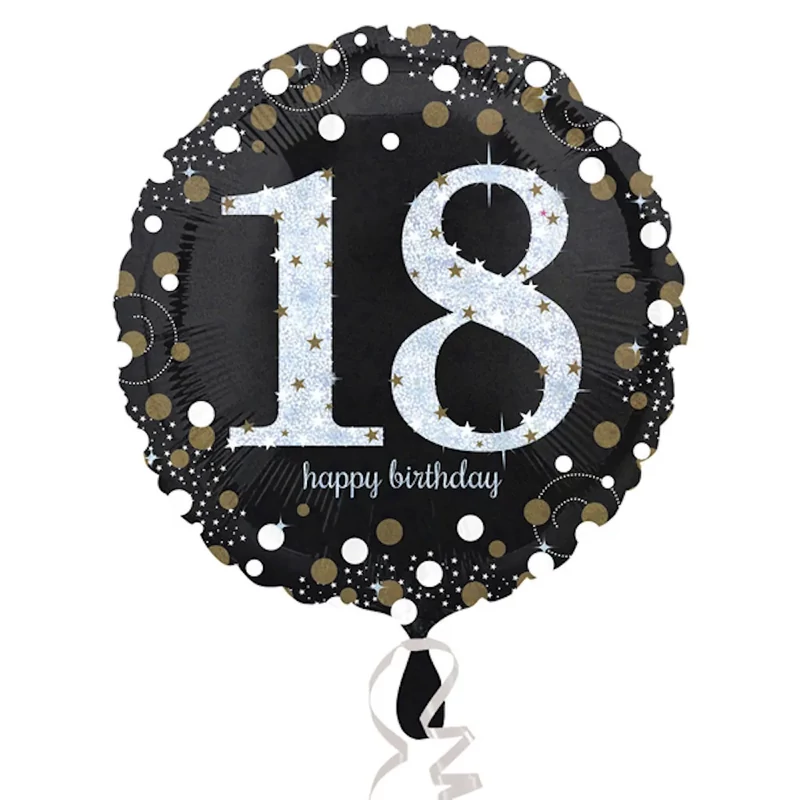 Fólia lufi hologramos Happy Birthday 18. évszám fekete 45 cm