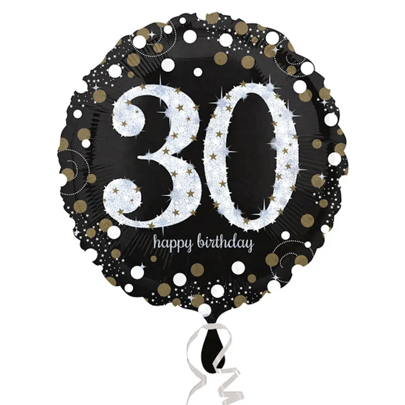 Fólia lufi hologramos Happy Birthday 30. évszám fekete 45 cm