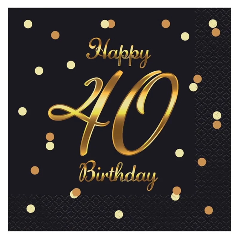 Parti szalvéta arany betűkkel fekete alapon 40. évszámmal 33x33 cm Happy Birthday felirattal 20 db/csomag
