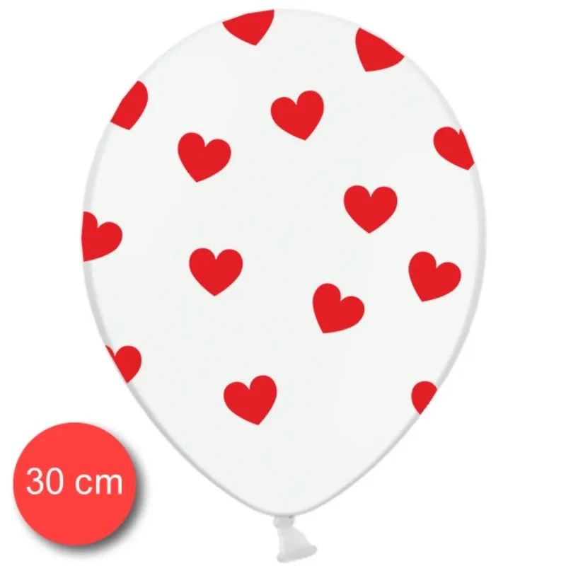 Fehér gumi lufi piros szívekkel díszítve 30 cm 1 db