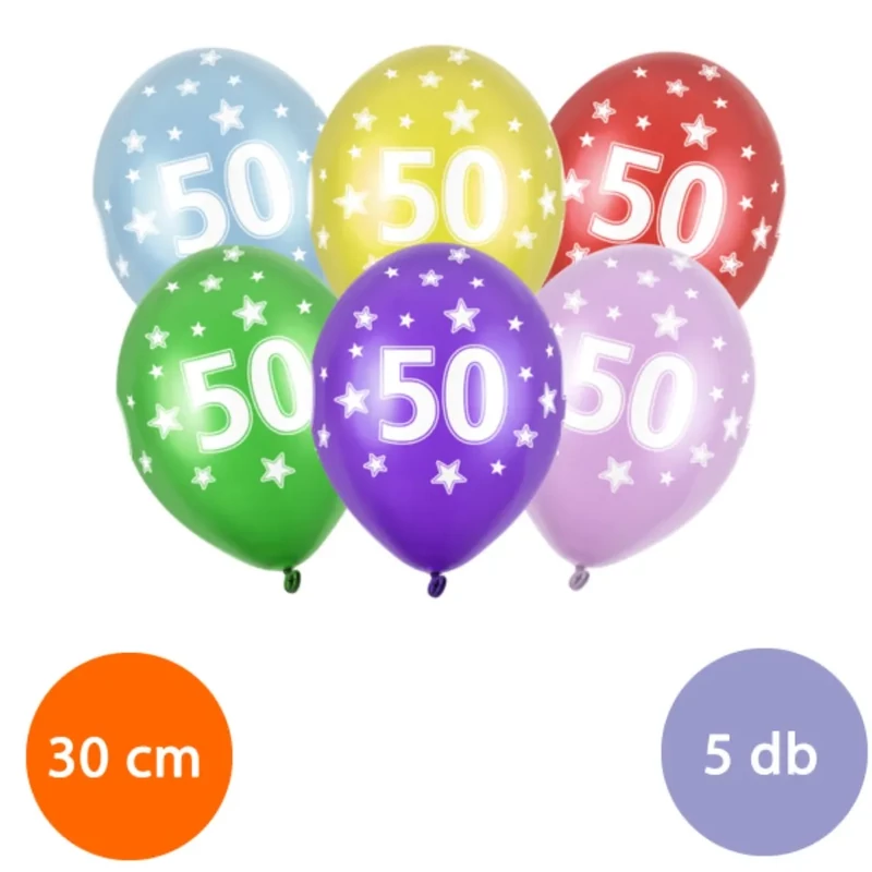 Évszámos 50. gumi lufi metál 30 cm-es 5 db-os csomag vegyes színekkel