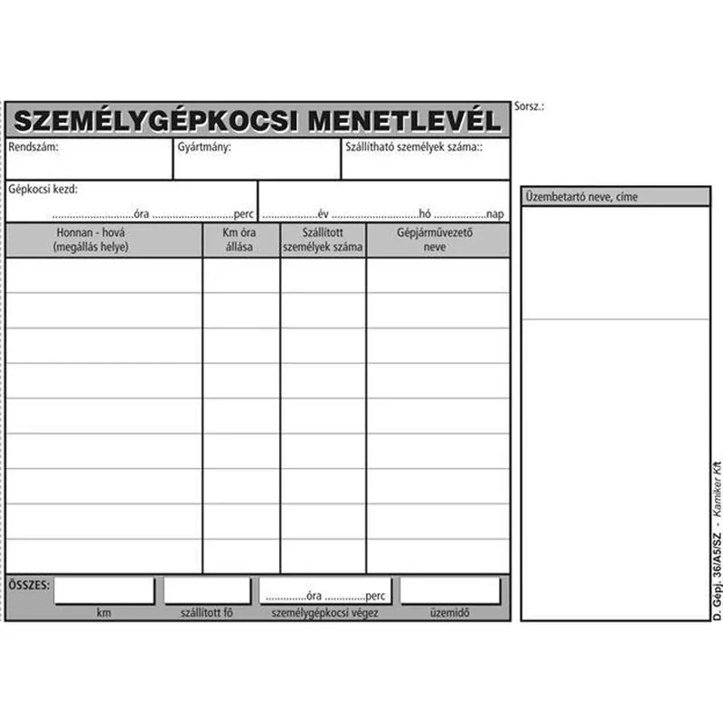 Személygépkocsi menetlevél nyomtatvány A5 fekvő 100 lap Victoria