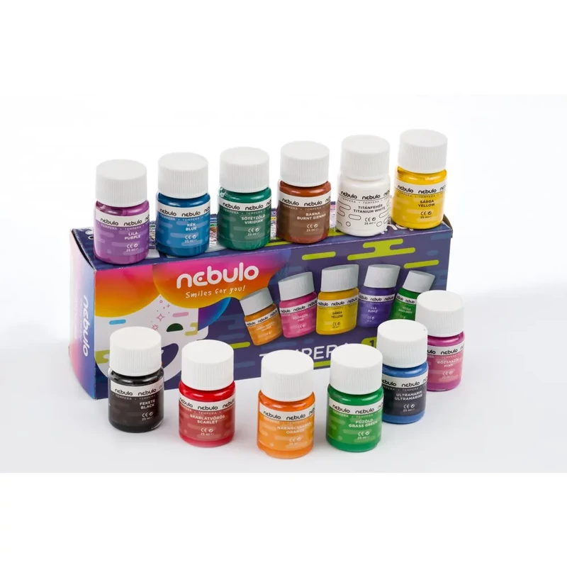 Nebulo Tempera készlet, tégelyes, 25 ml-es, 12 színes