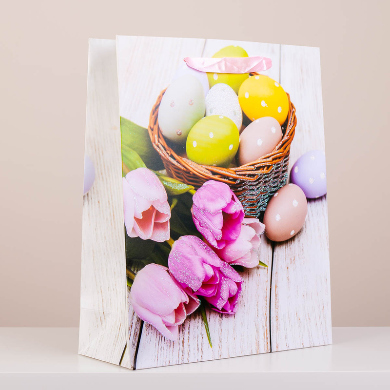 Húsvéti dísztasak virág és festett tojás mintával, csillámporos nagy (32x26x10cm) 